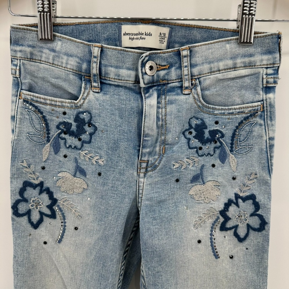 Abercrombie Flared Jeans Girls 9/10 Long Blue Denim Embroidered Floral High Rise